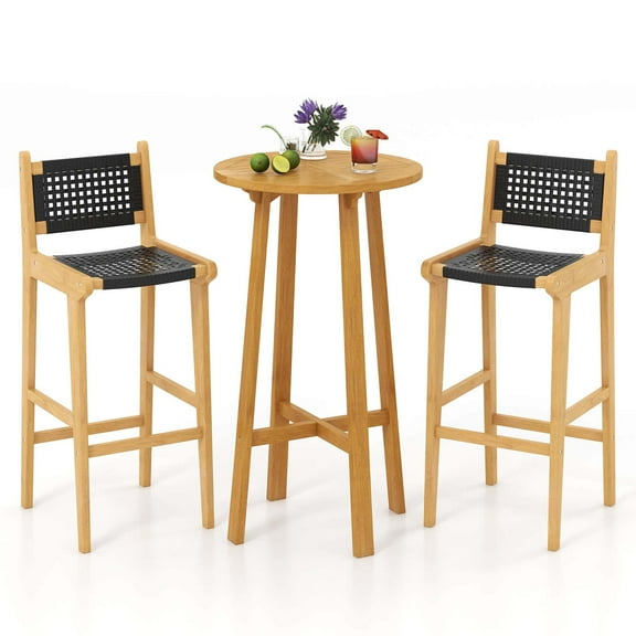 Costway 3 PCS Patio Bar Set Round Cocktail Table with 2 Armless Rattan Bar Stools
