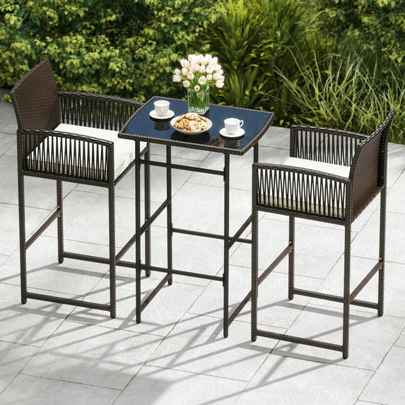 Costway 3 PCS Patio Bar Set Wicker Table & Armchairs with 2 Cushions & Glass Tabletop