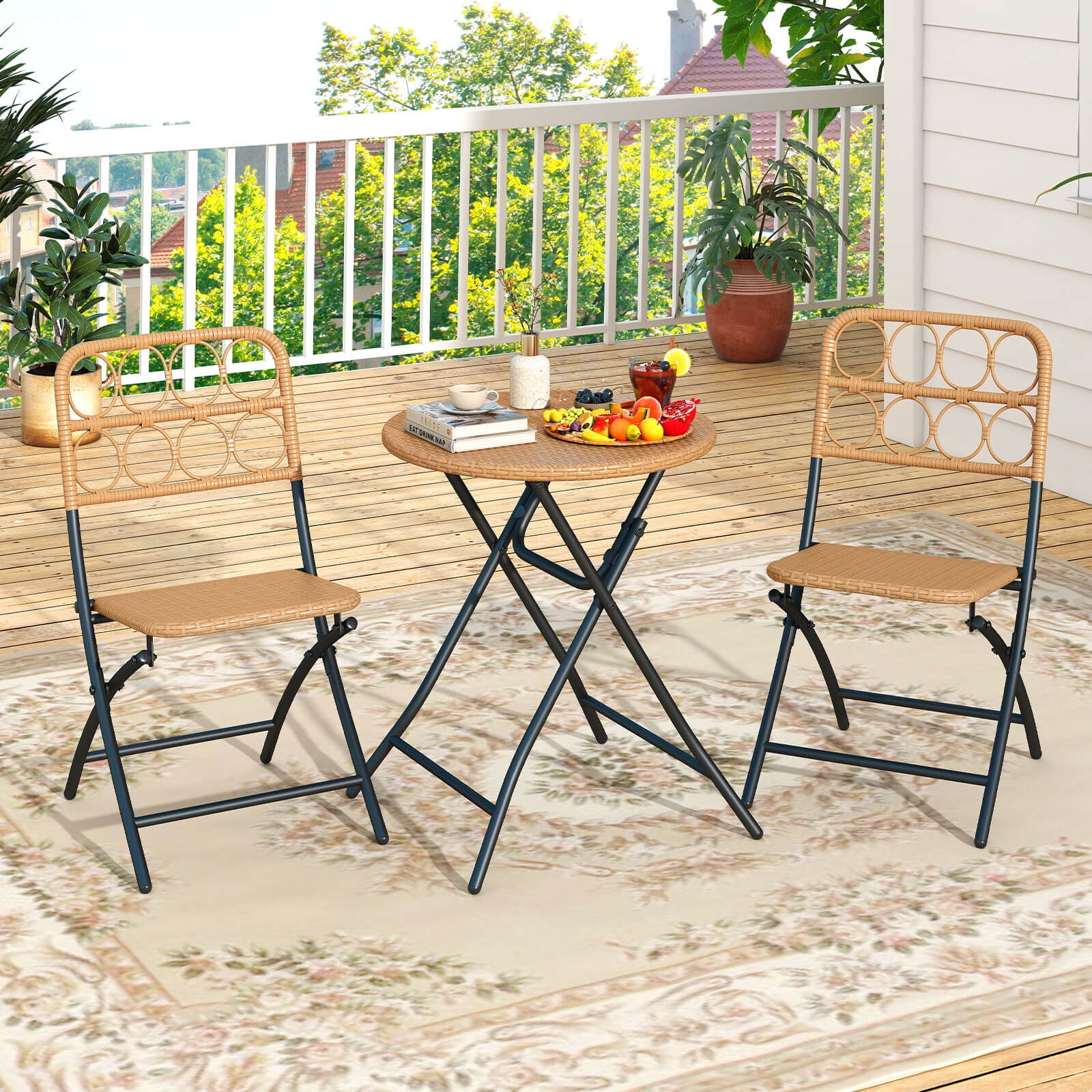 Costway 3 PCS Patio Bistro Set with Wicker Seat & Tabletop for Backyard, Garden, Balcony