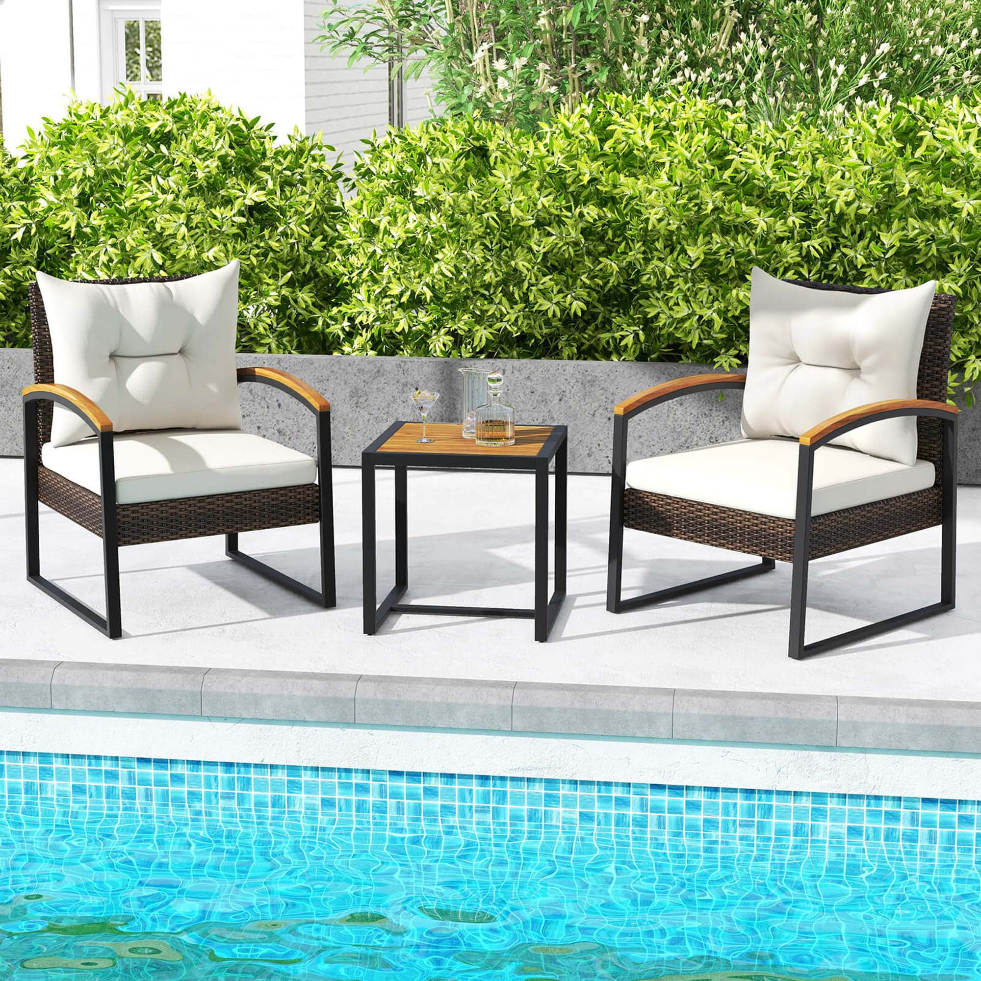 Costway 3 PCS Patio Conversation Set with Coffee Table Solid Acacia ...