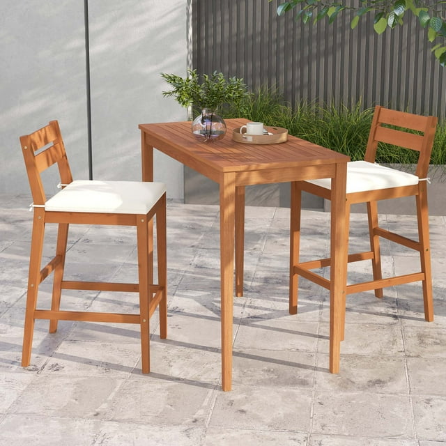 Costway 3 PCS Patio Eucalyptus Wood Bar Set Bar Height Dining Table & 2 ...