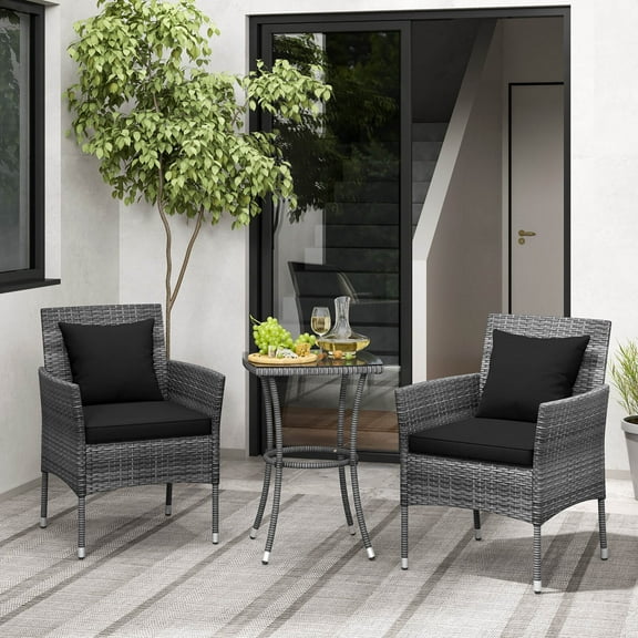 Costway 3 PCS Patio Furniture Set with Cushioned Patio Chairs & Tempered Glass Coffee Table Black