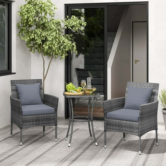 Costway 3 PCS Patio Furniture Set with Cushioned Patio Chairs & Tempered Glass Coffee Table Grey