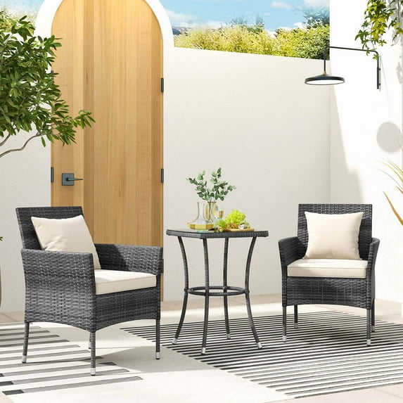 Costway 3 PCS Patio Furniture Set with Cushioned Patio Chairs & Tempered Glass Coffee Table