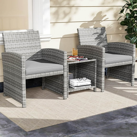 Costway 3 PCS Patio Furniture Set with Tempered Glass Coffee Table & Soft Seat Cushions Gray