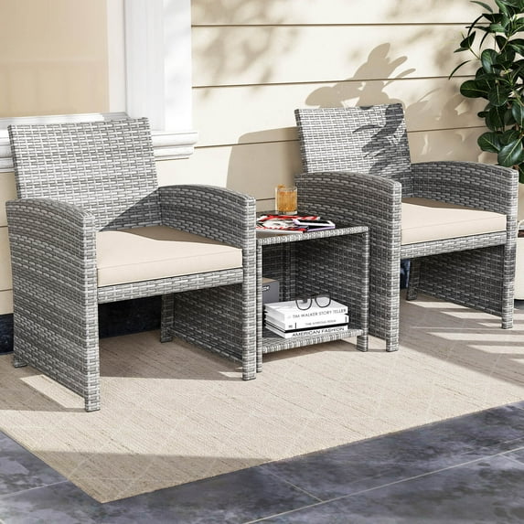Costway 3 PCS Patio Furniture Set with Tempered Glass Coffee Table & Soft Seat Cushions White