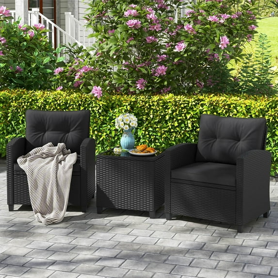 Costway 3 PCS Patio Furniture Set with Tempered Glass Coffee Table Washable Cushions Black