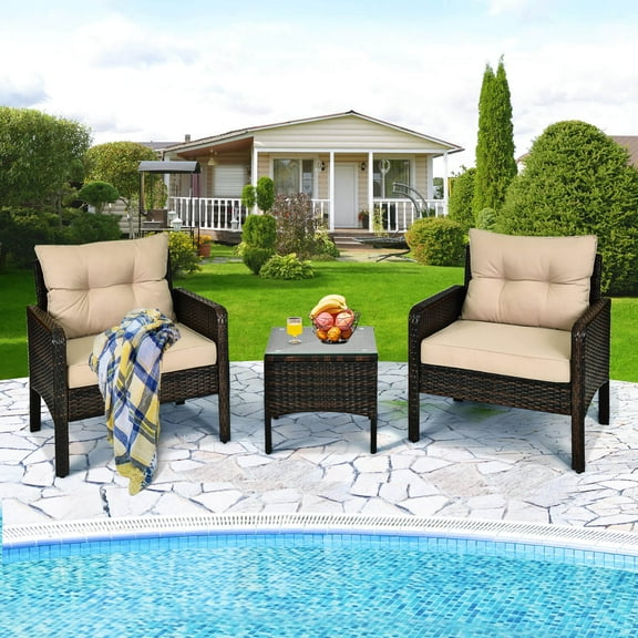 Costway 3 PCS Patio PE Wicker Furniture Set with Cushions and Tempered Glass Coffee Table Brown