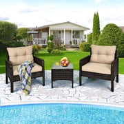 Costway 3 PCS Patio PE Wicker Furniture Set with Cushions and Tempered Glass Coffee Table Brown