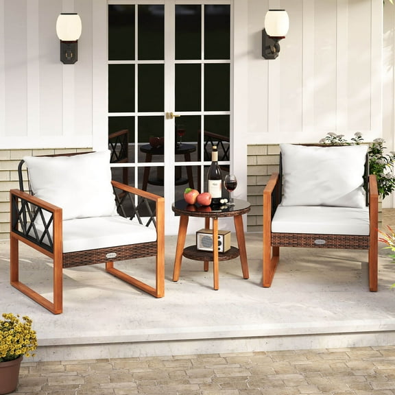 Costway 3 PCS Patio PE Wicker Furniture Set with Solid Acacia Wood Frame & Cushions
