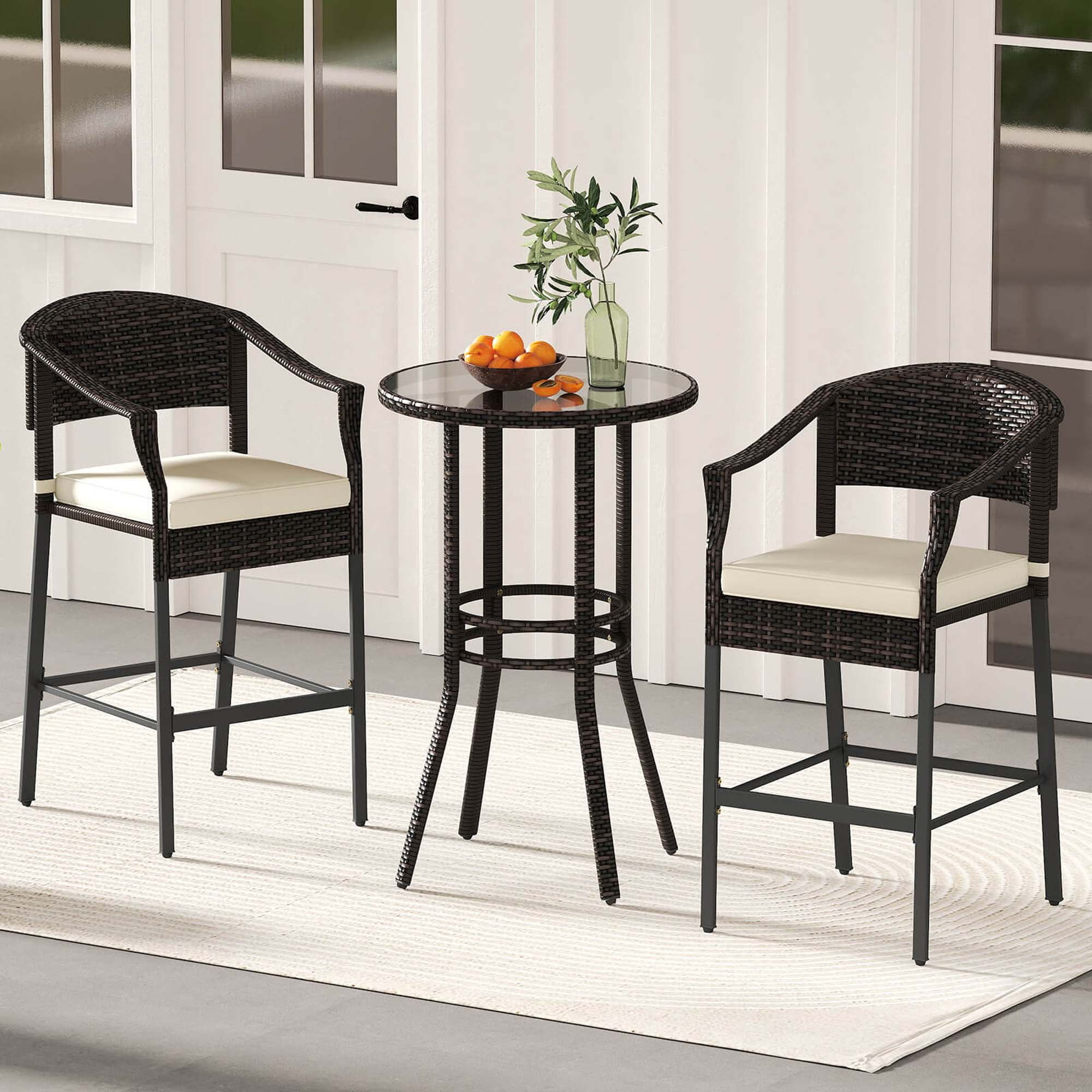 Round Rattan Bar Set Costway 3 PCS Patio Rattan Bar Set Wicker Armchairs & Round Table with ...