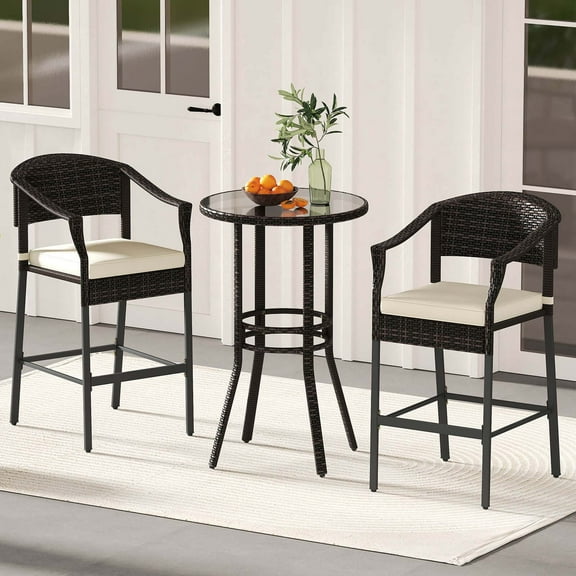 Costway 3 PCS Patio Rattan Bar Set Wicker Armchairs & Round Table with Tempered Glass Top