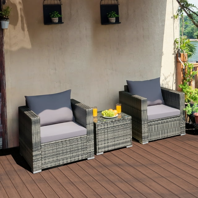 Costway 3 PCS OUTDOOR Patio Rattan Furniture Bistro Set Cushioned Sofa