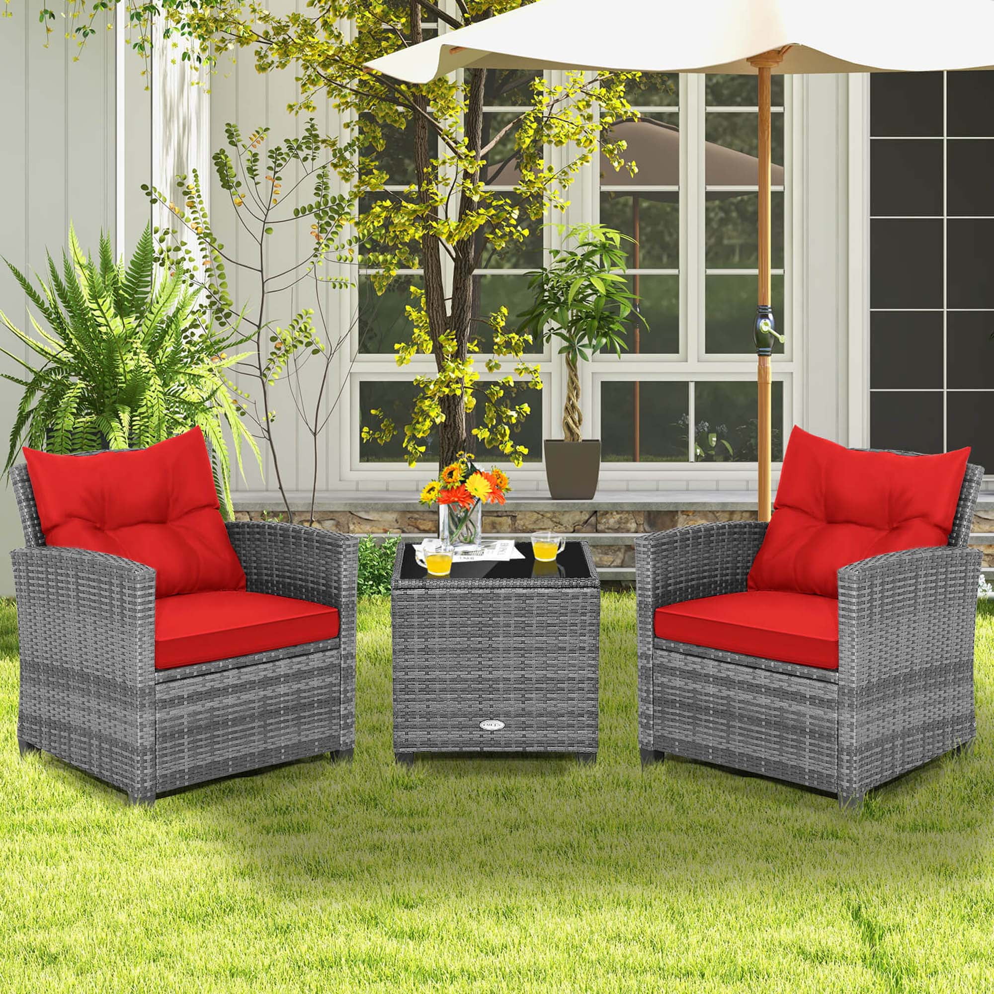 Costway 3 PCS Heavy Duty Patio Rattan Bistro Set, Cushioned Sofas, Side Table, Armrest, Red