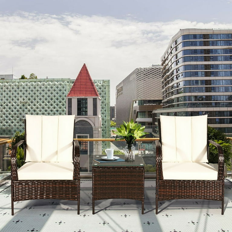 Costway 3 PCS Patio Rattan Furniture Set Coffee Table 2 Rattan Chair W White Cushions