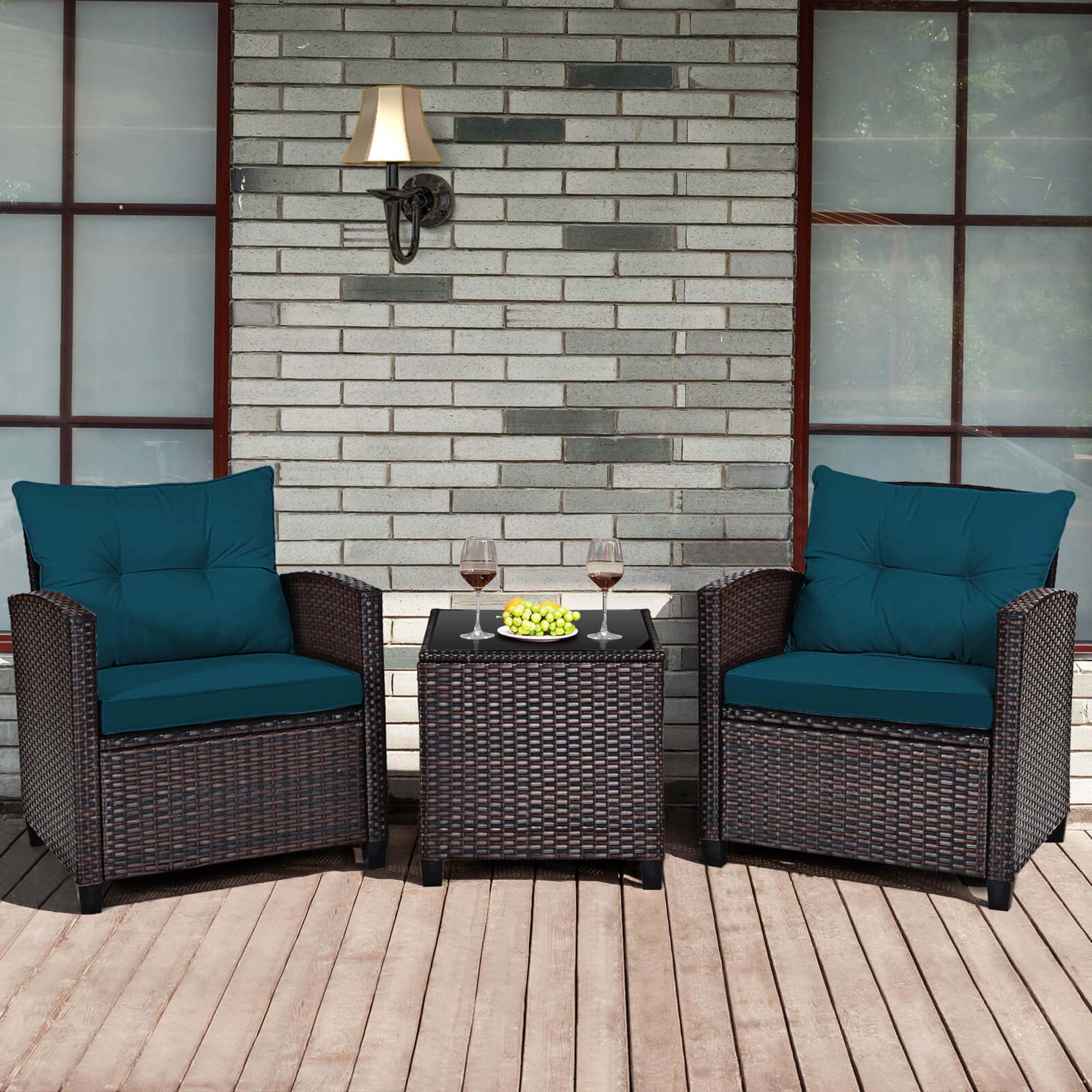Turquoise Cushioned Rattan 3-Piece Patio Conversation Set