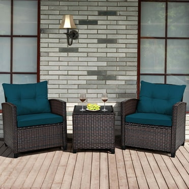 Costway 3 PCS Patio Rattan Furniture Set Cushioned Conversation Set Sofa Blue