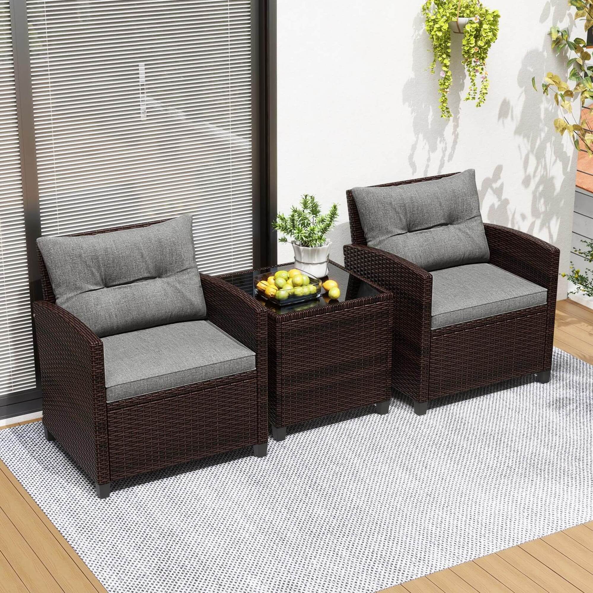 Costway 3 PCS Patio Rattan Furniture Set Cushioned Conversation Set Sofa Gray
