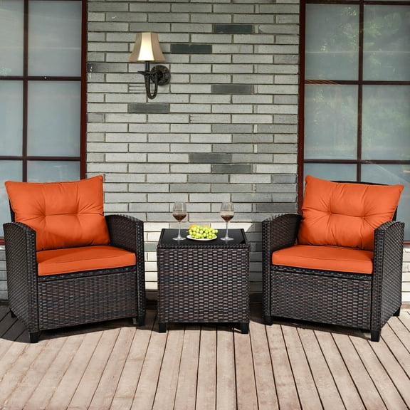 Costway 3 PCS Patio Rattan Furniture Set Cushioned Conversation Set Sofa Orange