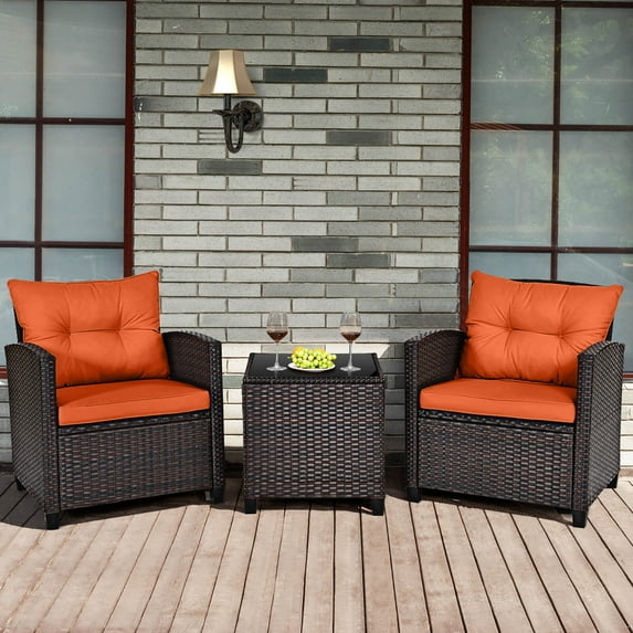 Costway 3 PCS Patio Rattan Furniture Set Cushioned Conversation Set Sofa Orange