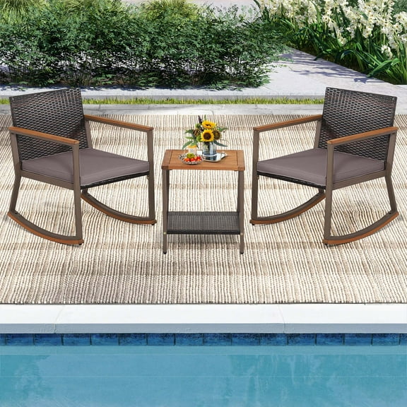 Costway 3 PCS Patio Rattan Rocking Chair Bistro Set Armrest Cushion Table with Storage Shelf Grey