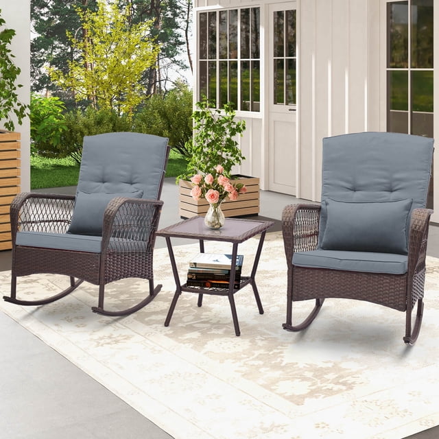 Double Rocker With Table Costway 3 PCS Patio Rocker Set Outdoor Wicker Rocking Chairs with ...