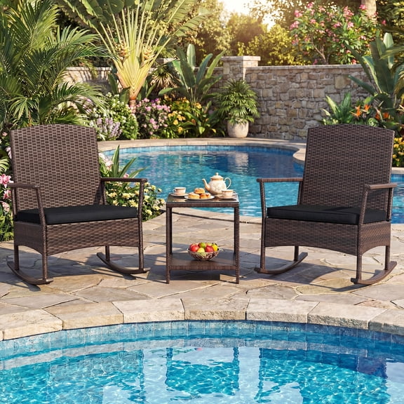 Costway 3 PCS Patio Rocking Set Wicker Rocking Chairs with 2-Tier Coffee Table Black