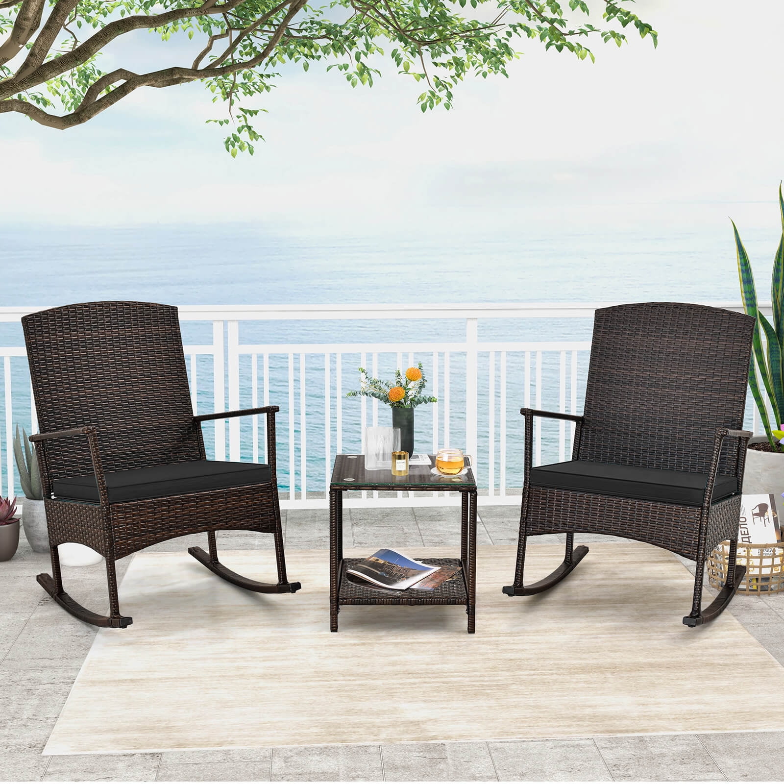 Costway 3 PCS Patio Rocking Set Wicker Rocking Chairs with 2-Tier ...