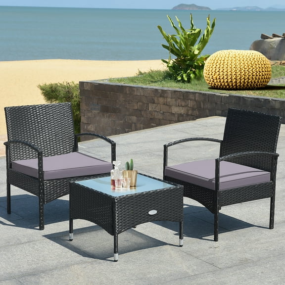 Costway 3 PCS Patio Wicker Rattan Furniture Set Coffee Table & 2 Rattan Chair W/Cushion Gray