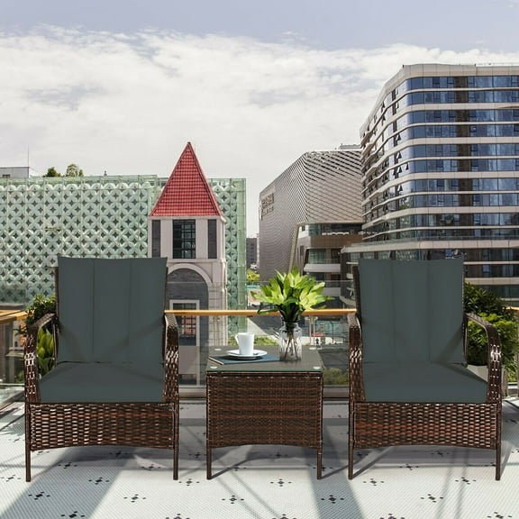 Costway 3 PCS Patio Wicker Rattan Furniture Set Coffee Table & 2 Rattan Chair W/Cushions-Gray