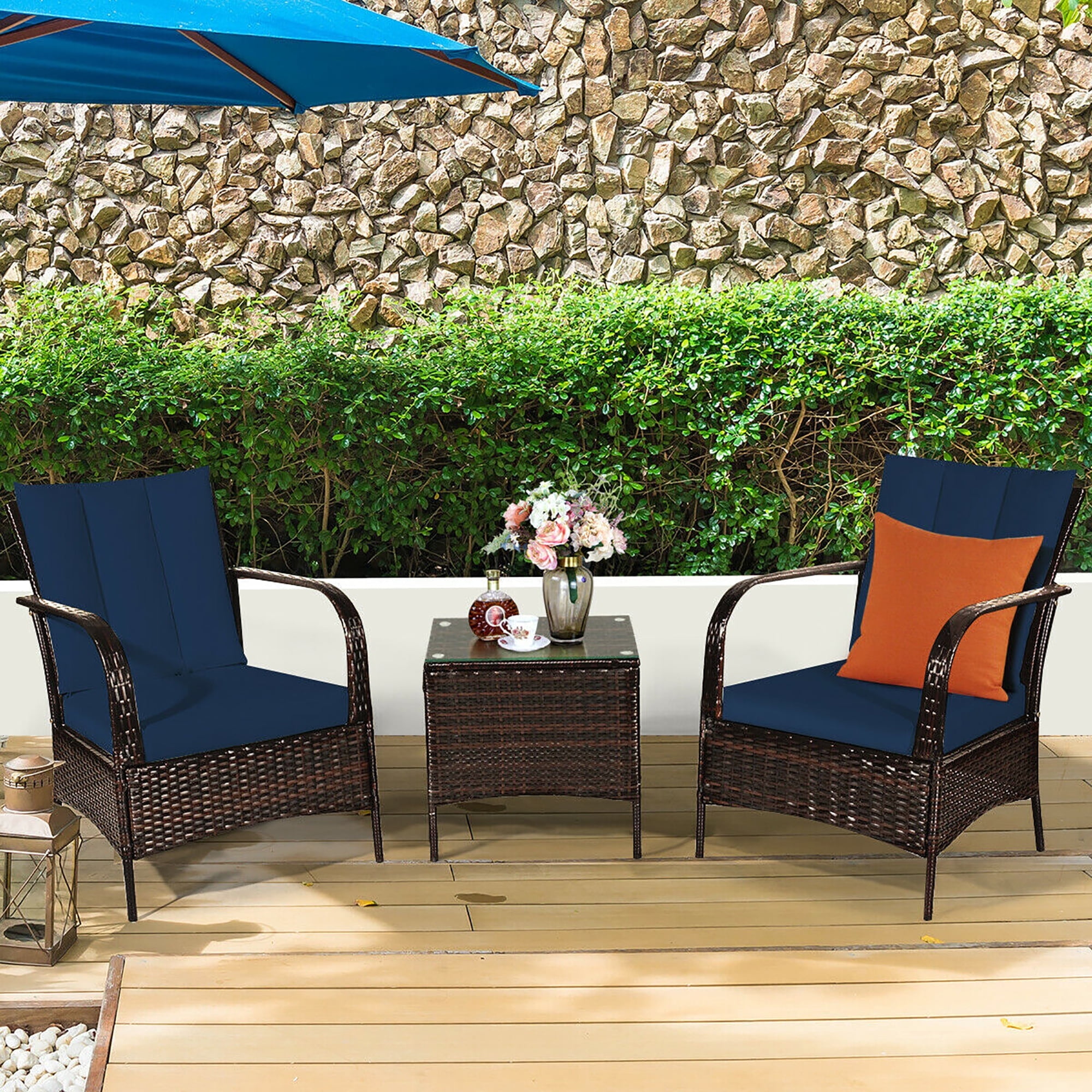 Costway 3 PCS Patio Wicker Rattan Furniture Set Coffee Table 2 Rattan Chair W Cushions Navy