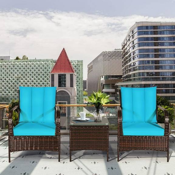 Costway 3 PCS Patio Wicker Rattan Furniture Set Coffee Table & 2 Rattan Chair W/Cushions-Turquoise