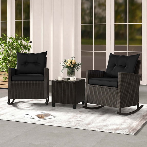 Costway 3 PCS Patio Wicker Rocking Set with Tempered Glass Table & Soft Cushions Outdoor Black