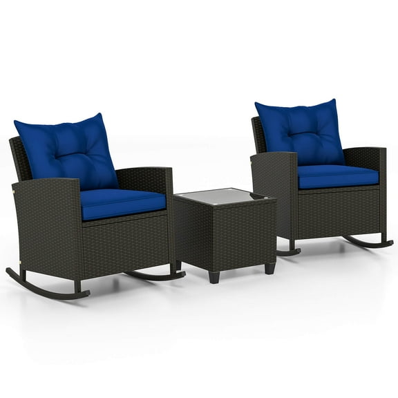 Costway 3 PCS Patio Wicker Rocking Set with Tempered Glass Table & Soft Cushions Outdoor Navy