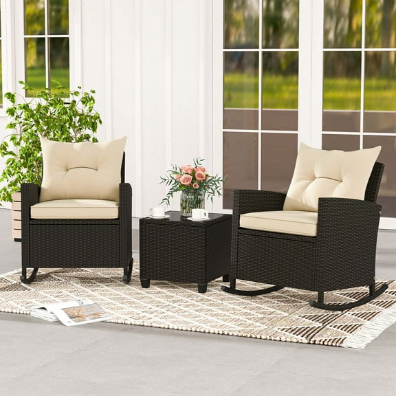 Costway 3 PCS Patio Wicker Rocking Set with Tempered Glass Table & Soft Cushions Outdoor Beige