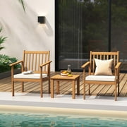 Costway 3 PCS Patio Wood Furniture Set Acacia Wood Chairs & Coffee Table with soft Cushions White