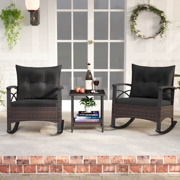Costway 3 PCS Rattan Rocking Chair Set with Acacia Wood Tabletop Armrests for Porch, Balcony Mix Brown + Black