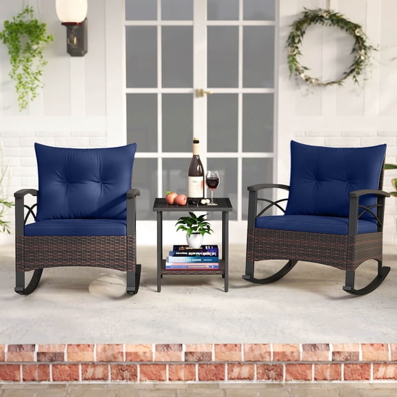 Costway 3 PCS Rattan Rocking Chair Set with Acacia Wood Tabletop Armrests for Porch, Balcony Mix Brown + Navy