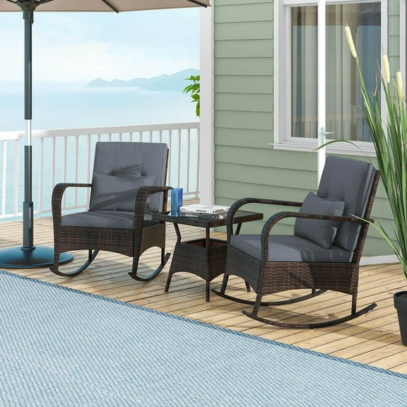 Costway 3 PCS Rocking Bistro Set with Removable Cushions & Tempered Glass Top Coffee Table Grey