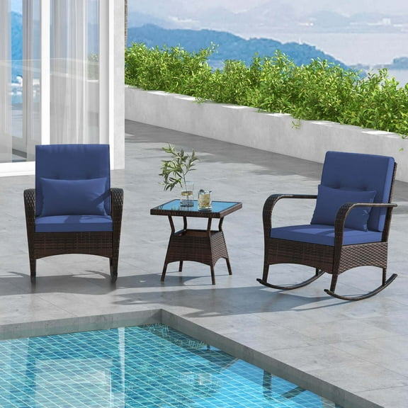 Costway 3 PCS Rocking Bistro Set with Removable Cushions & Tempered Glass Top Coffee Table Navy