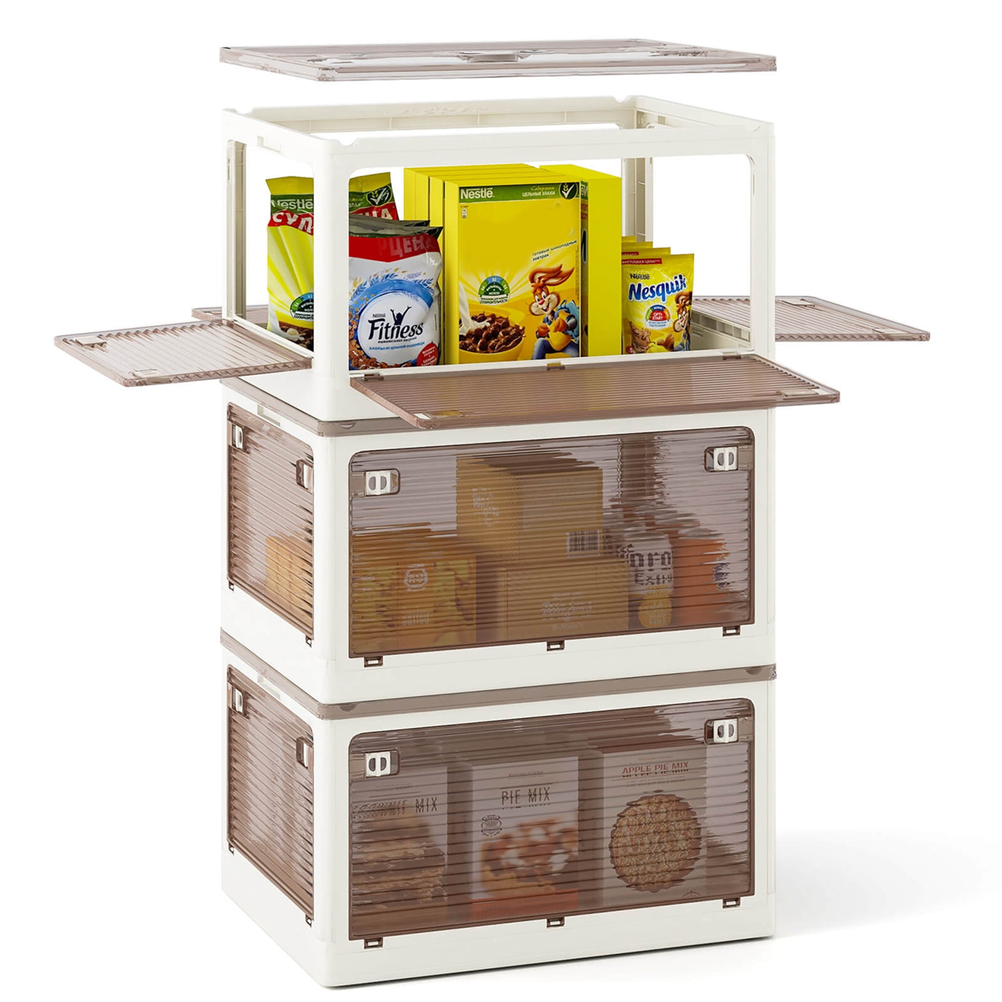 Cream White and Clear Brown Stackable Collapsible Plastic Storage Bins