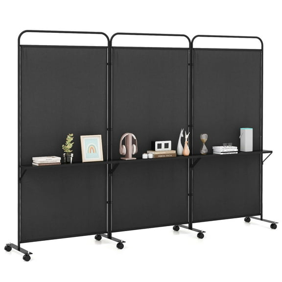 Costway 3-Panel Room Divider with Storage Shelves 6FT Tall Folding Privacy Screen on Wheels Black