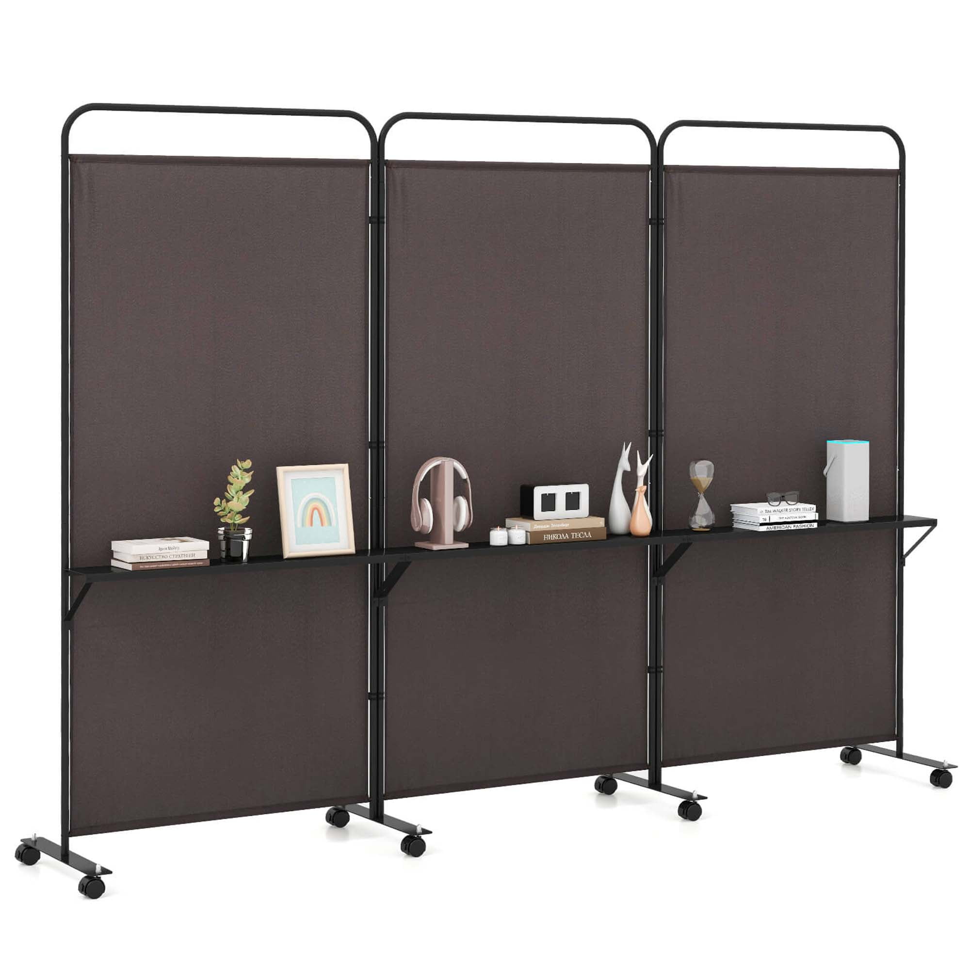 Costway 3-Panel Room Divider with Storage Shelves 6FT Tall Folding Privacy Screen on Wheels Brown