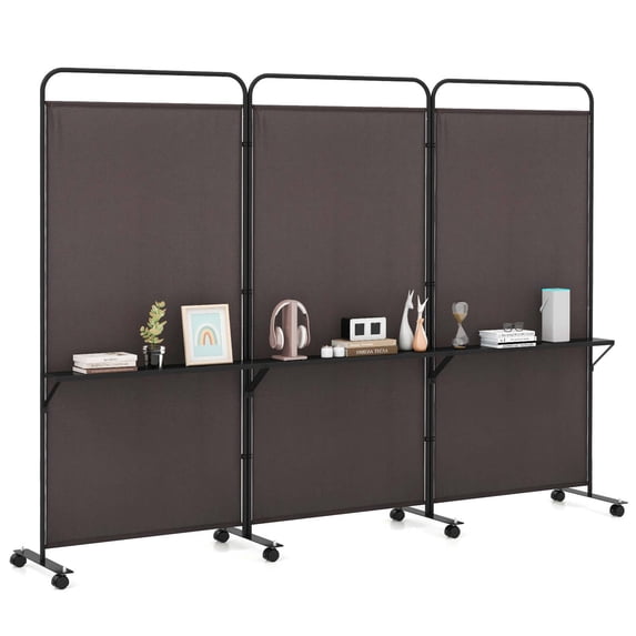 Costway 3-Panel Room Divider with Storage Shelves 6FT Tall Folding Privacy Screen on Wheels Brown