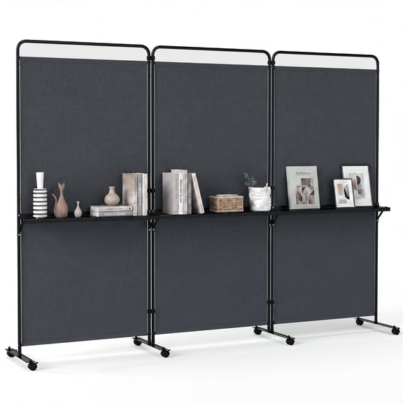 Costway 3-Panel Room Divider with Storage Shelves 6FT Tall Folding Privacy Screen on Wheels Gray