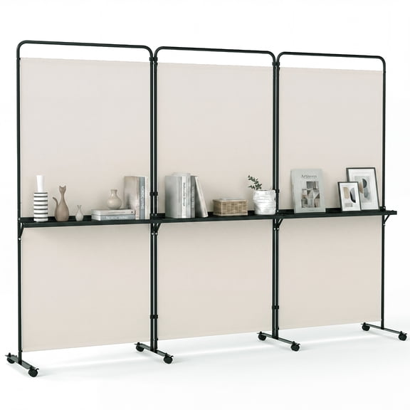 Costway 3-Panel Room Divider with Storage Shelves 6FT Tall Folding Privacy Screen on Wheels White