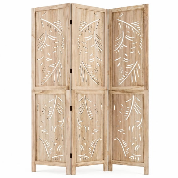 Costway 3-Panel Wooden Room Divider Privacy Screen with Palm Leaf Design Panels for Home