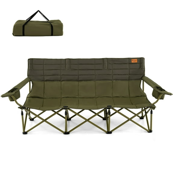 Costway 3 Person Foldable Camping Chair with 2 Cup Holders, Green