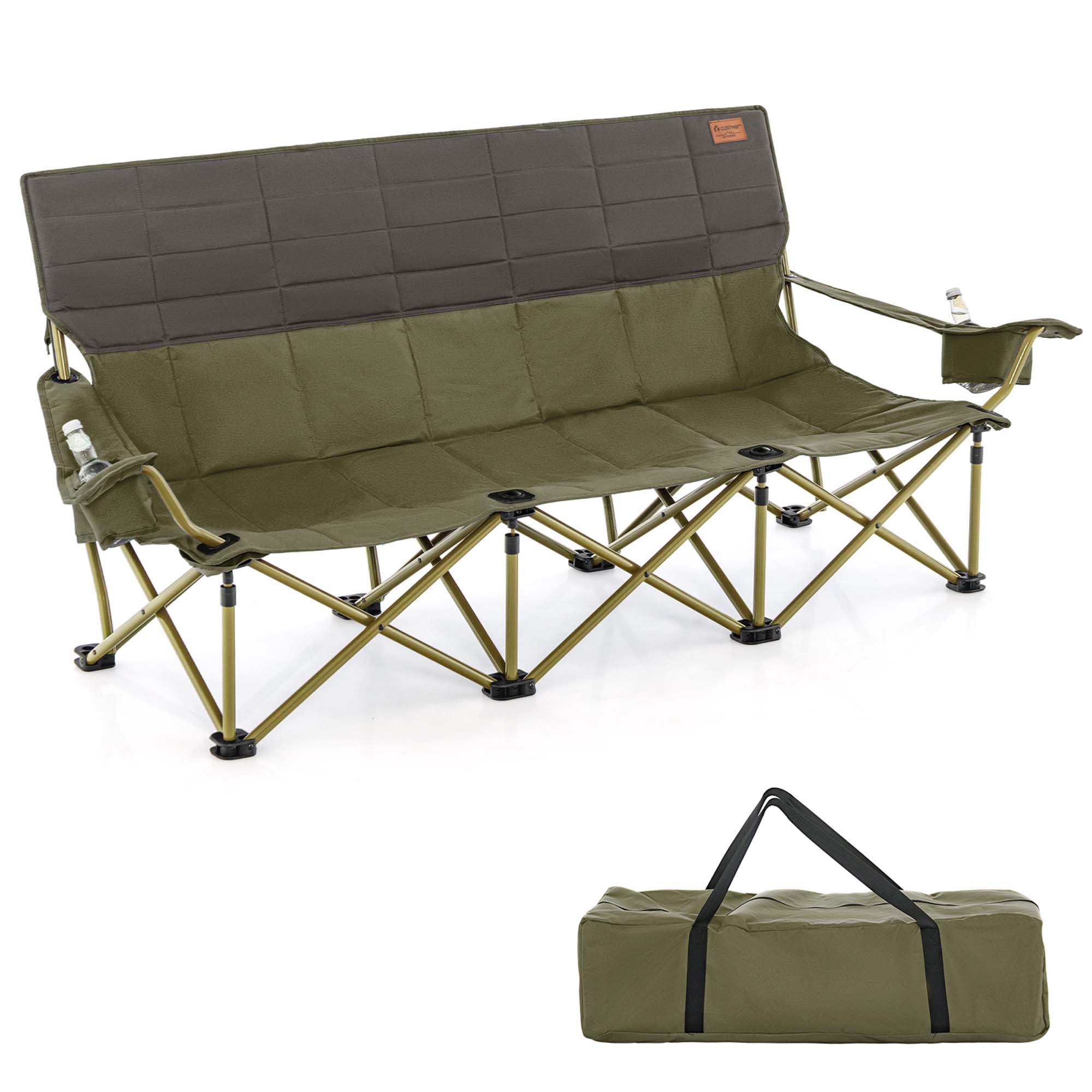 Costway Outdoor Oversize Travel 3Person Folding Camping Chair with HeavyDuty Frame, 2 Cup