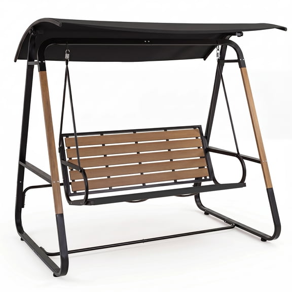 Costway 3-Person Porch Swing, Outdoor Swing with Adjustable Canopy Removable Padded Cushion Black + Brown